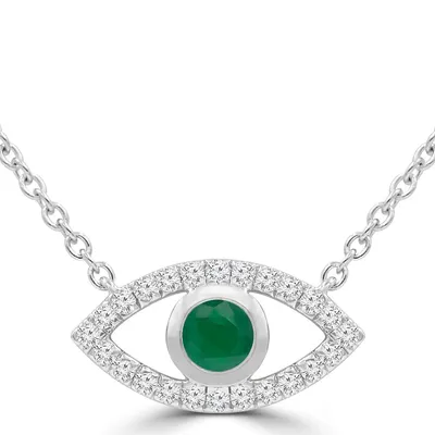 0.29 Ct Round Green Emerald Halo Necklace 14k White Gold