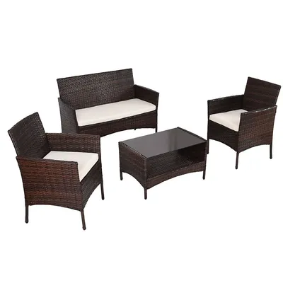 4pcs Patio Rattan Furniture Set Table Shelf Sofa Outdoor Garden W/ Beige Cushion