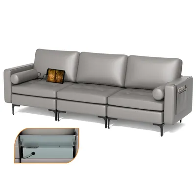 Modular 3-seat Sofa Couch With Socket Usb Ports & Side Storage Pocket Grey/red