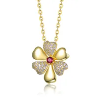 14k Yellow Gold Plated Pave Flower Pendant Necklace