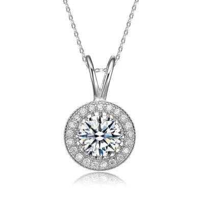 White Gold Plating With Clear Cubic Zirconia Round Pendant Necklace