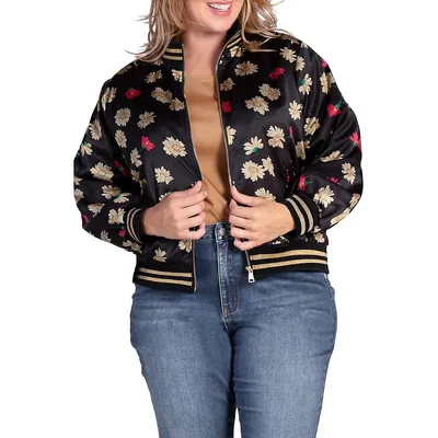 Women's Plus Cropped Floral Print Bomber Jacket