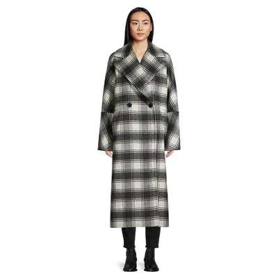 Check Wool-Blend Oversized Double-Breated Coat