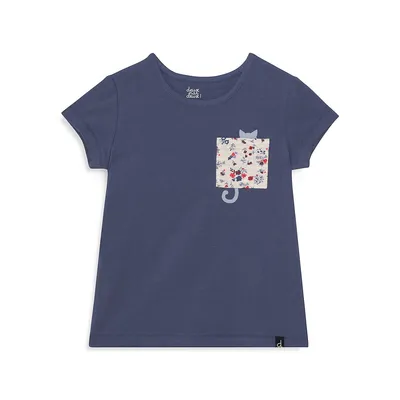 Little Girl's Cat Floral Pocket T-Shirt