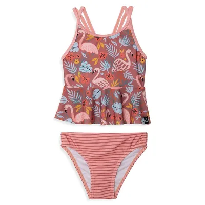 Little Girl's 2-Piece UPF 50+ Flamingo-Print Tankini Swim Set