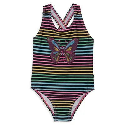 Maillot de bain une pièce à rayures motif papillon multicolore avec protection contre les rayons UV 50 pour fillette