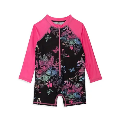 ​Little Girl's One-Piece UPF 50+ Butterfly-Print Rashguard Swimsuit