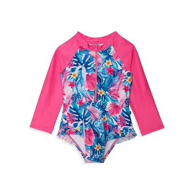 Little Girl's One-Piece UPF 50+ Tropical-Print Rashguard Swimsuit