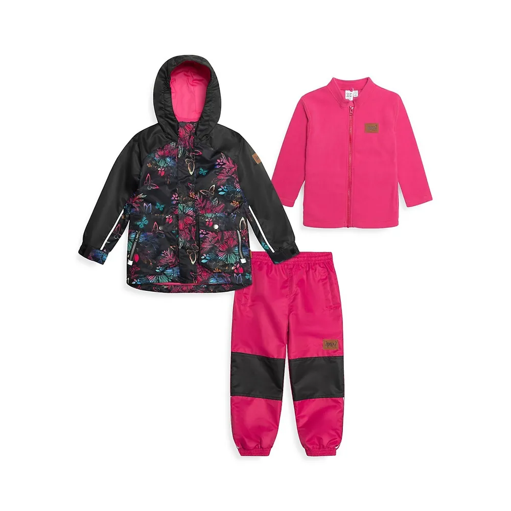 Little Girl's 3-Piece Waterproof Butterfly-Print Jacket, Fleece Jacket & Pants Rain Set