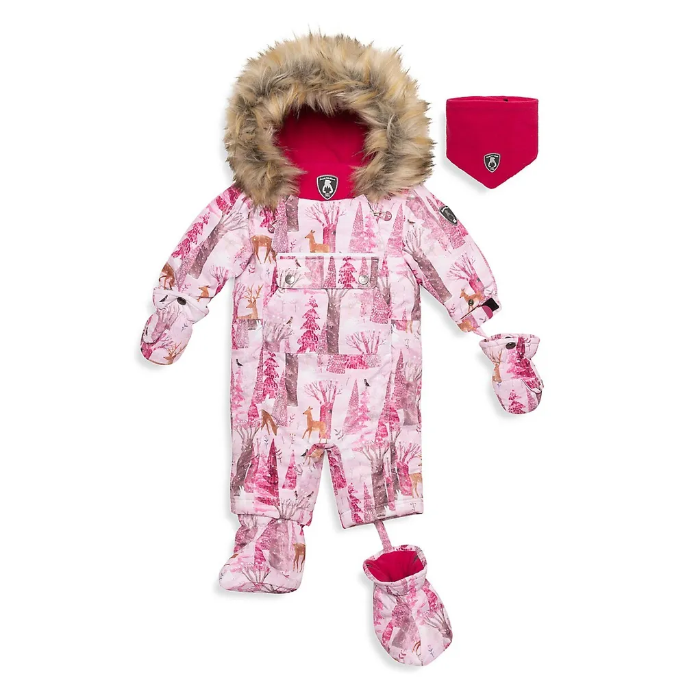 Baby Girl's 2-PIece Faux Fur Trim One-Piece Printed Snowsuit and Neck Warmer Set