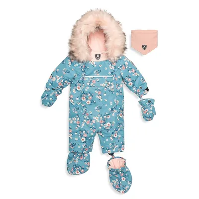 Baby Girl's One-Piece Spring Floral Snowsuit and Neck Warmer Set