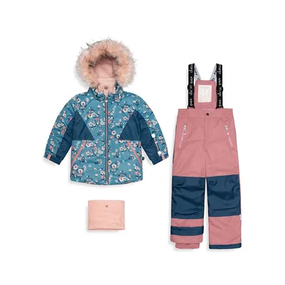 Little Girl's 3-Piece Faux Fur Trim Floral Jacket, Snow Pants and Neck Warmer Set