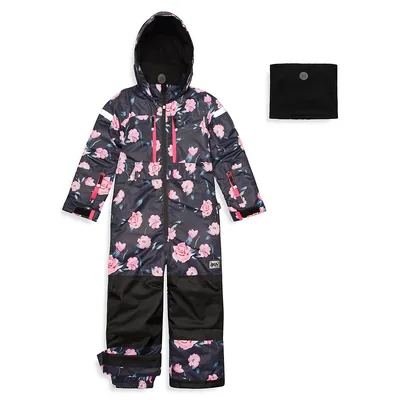 Little Girl's Teknik One-Piece Rose-Print Snowsuit and Neck Warmer Set
