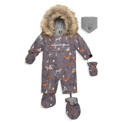 Baby Boy's One-Piece Fox-Print Snowsuit and Neck Warmer Set