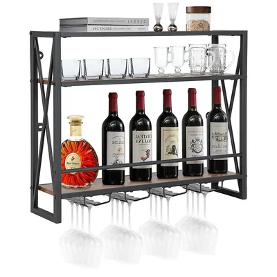 Wall Mounted Wine Rack Industrial 3-tier Shelf With Glass Holders For Kitchen
