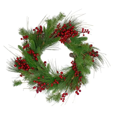 24-inch Mixed Pine And Red Berry Artificial Christmas Wreath - Unlit