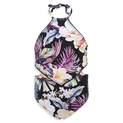 Little Girl's Coastal Dream One-Piece Floral Halter Swimsuit