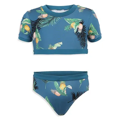 Little Girl's Ocean Retreat 2-Piece Beach-Print Rashguard Bikini Set