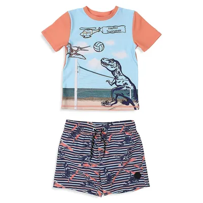 Little Boy’s 2-Piece Rashguard Jersey Dino-Print T-Shirt & Shorts Swim Set