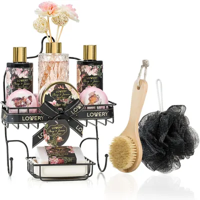 Home Spa Gift Basket Set - Bath & Shower Caddy - Luxury Fresh Peony - 11pc