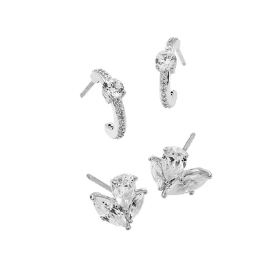 Leah 2-Pair Rhodium-Plated & Cubic Zirconia Stud & C-Hoop Earrings Set