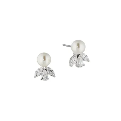 Chiara Rhodium-Plated, Glass Pearl and Cubic Zirconia Stud Earrings