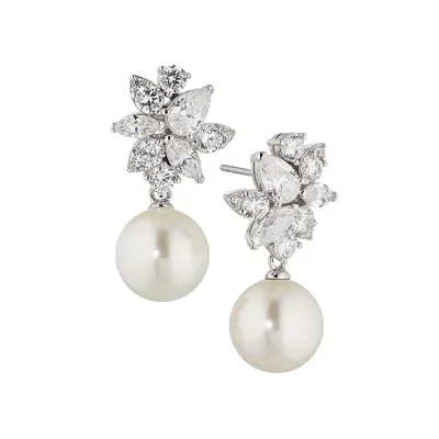 Chiara Rhodium-Plated, Cubic Zirconia and Glass Pearl Drop Earrings
