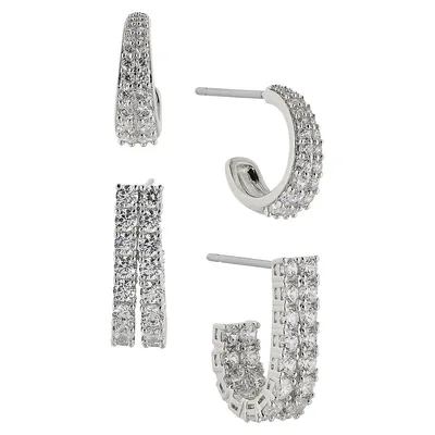 Disco Rhodium-Plated and Pavé 2-Pair Hoop Earring Set