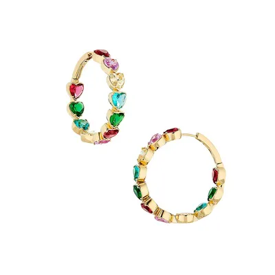 Amore 18K Goldplated & Multicolour Cubic Zirconia Hearts Hoop Earrings
