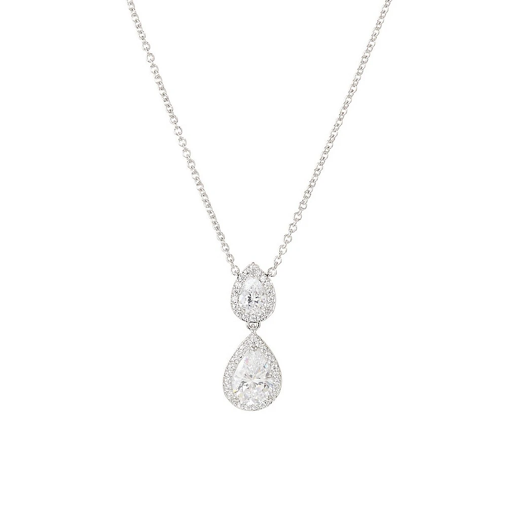 Rhodium-Plated Cubic Zirconia Drop Pendant Necklace