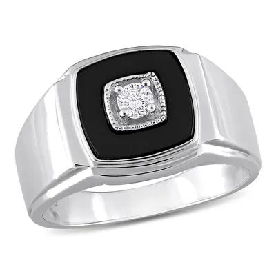 Men's Square Black Onyx And 1/6 Ct Tw Diamond Ring Sterling Silver