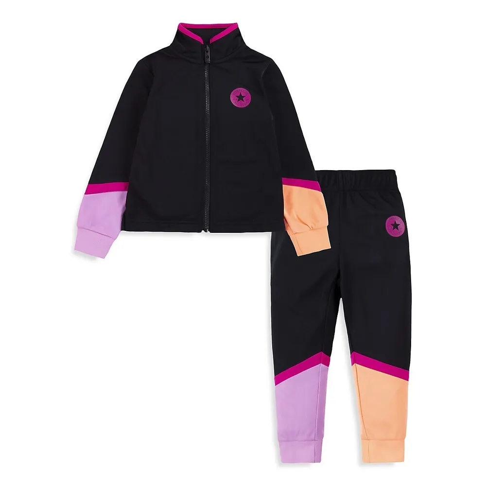 Ensemble veste et pantalon d'entraînement en tricot de couleurs contrastées pour fillette, deux pièces