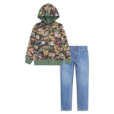 Little Boy's Scout Badge Hoodie And Pull-On Jeans Set