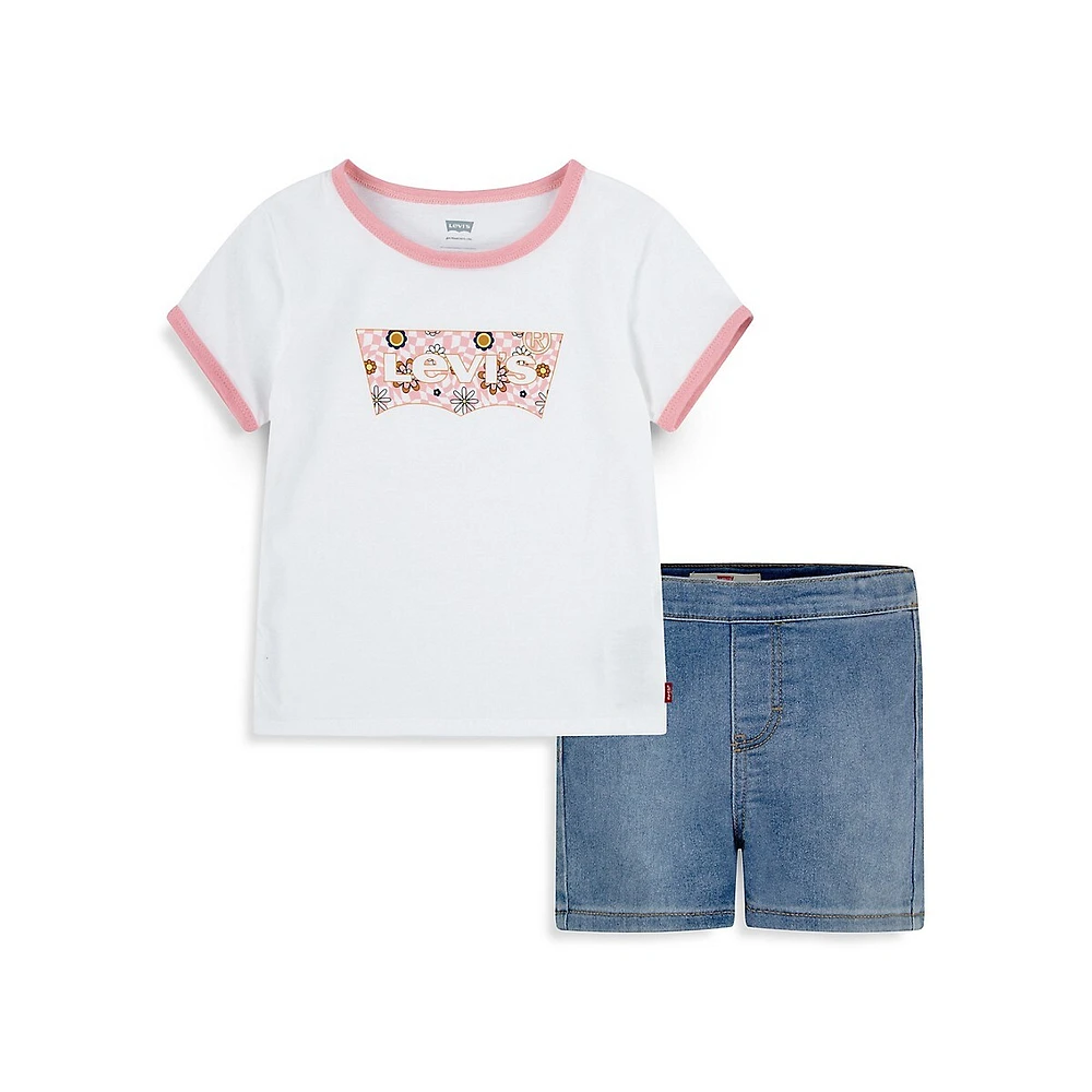 Little Girl's 2-Piece Checkerboard Iconic Logo T-Shirt & Sateen Shorts Set