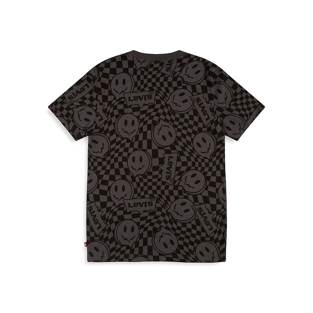 T-shirt à imprimé de damier avec logos et sourires pour petit garçon