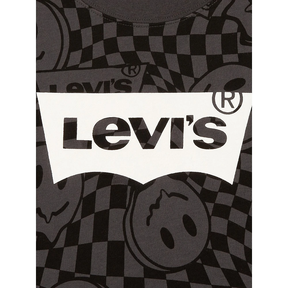 T-shirt à imprimé de damier avec logos et sourires pour petit garçon