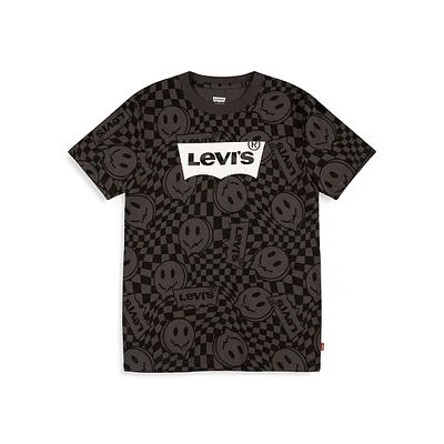 Boy's Checkered Smiley Logo-Print T-Shirt