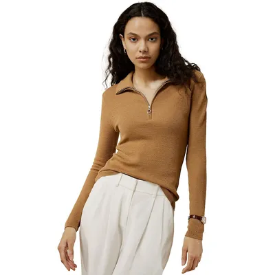 Gaia Ribbed Half Zip Ultra-fine Merino Wool Sweater For Women