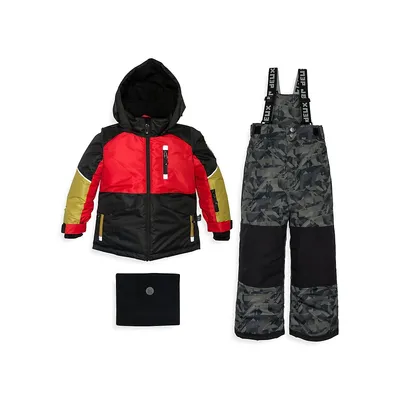 Little Boy's 3-Piece Colourblock & Camo-Print Jacket, Snow Pants Neck Warmer Set