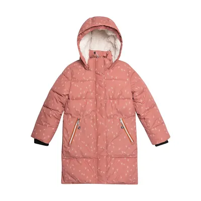 Girl's Puffy Floral-Print Quilted Stroller Jacket
