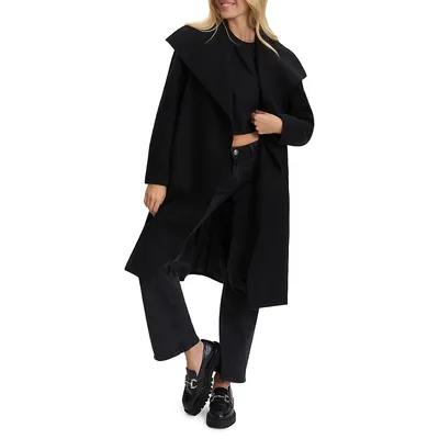 Drape-Collar Belted Maxi Coat