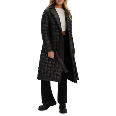 Box-Quilt Belted Longline Puffer Jacket