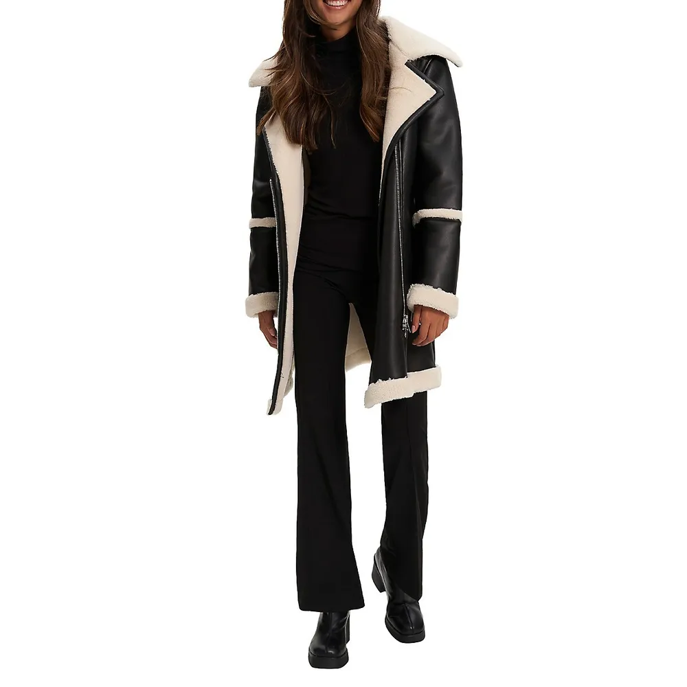 Sanna Vegan Leather Faux Shearling-Lined Trench Coat