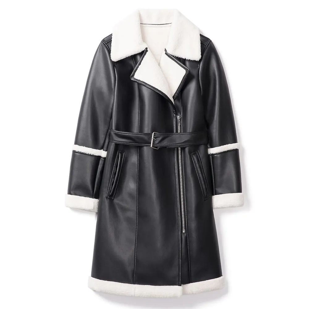 Sanna Vegan Leather Faux Shearling-Lined Trench Coat