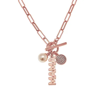 P.S. I Love You Rose Goldplated, 8MM White Round Freshwater Pearl & Crystal Mama Necklace