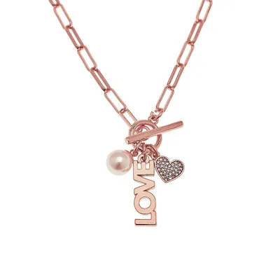P.S. I Love You Rose-Goldplated & Crystal Love Necklace 17.5"