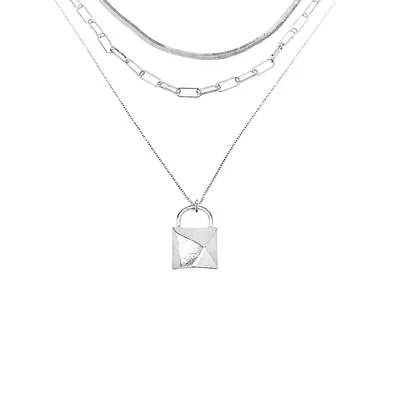 Layered Silverplated Lock Necklace 17.5"