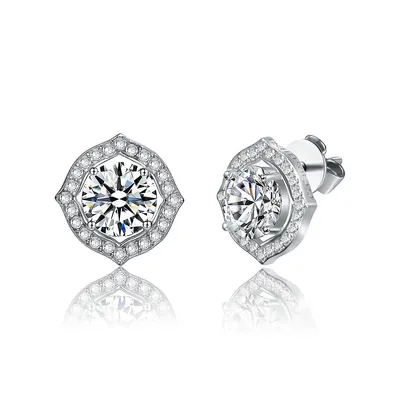 Sterling Silver with 2.34ctw Lab Created Moissanite Round Geometric Halo Stud Earrings