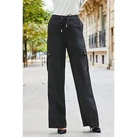Black Wide Leg Cargo Trousers With Pocket Detail