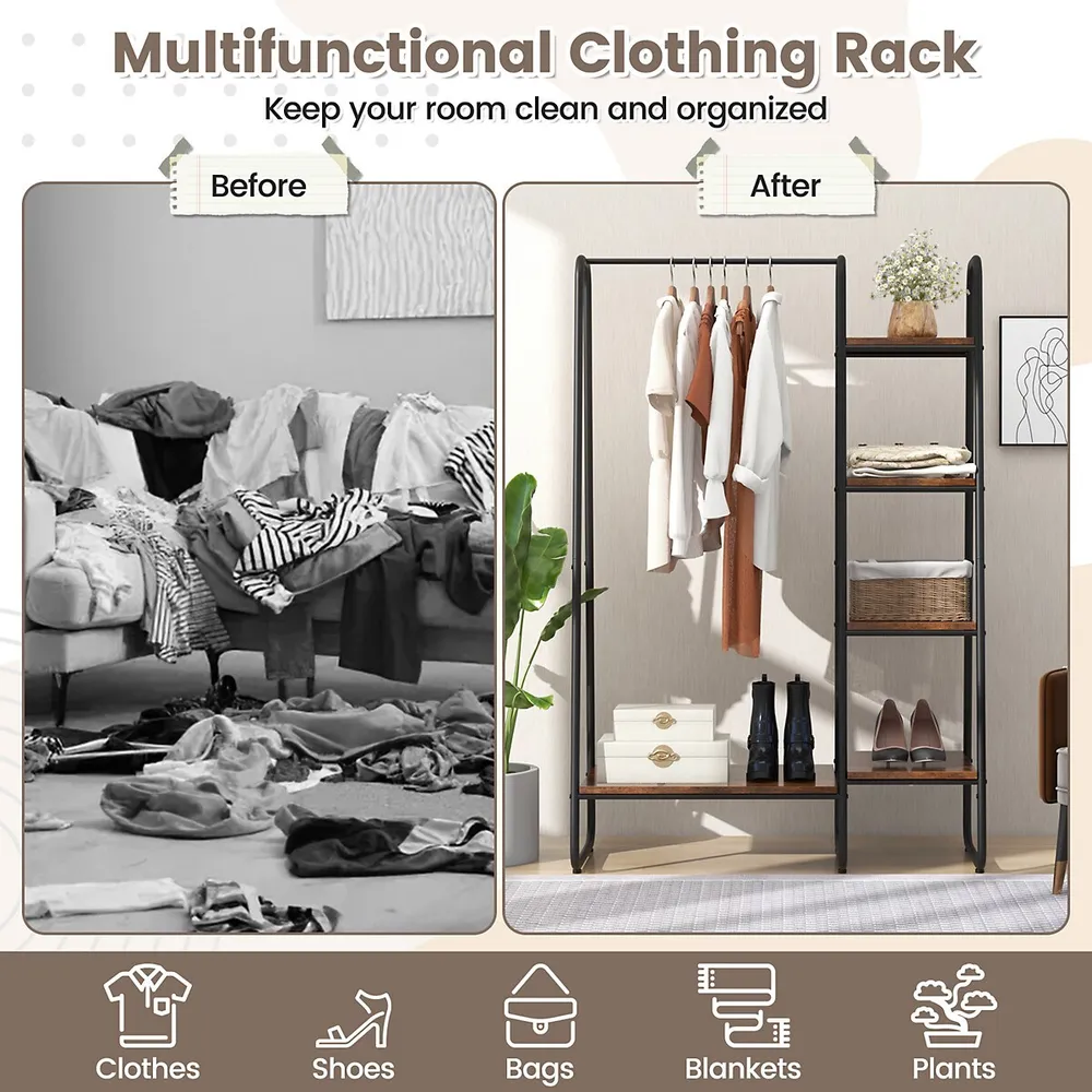 Clothes Rack- Shoe Clothing Organizer Shelves- Hanging Heavy Duty Rack-  Freestanding Multifunctional Wardrobe Closet- Closet with Hooks are More